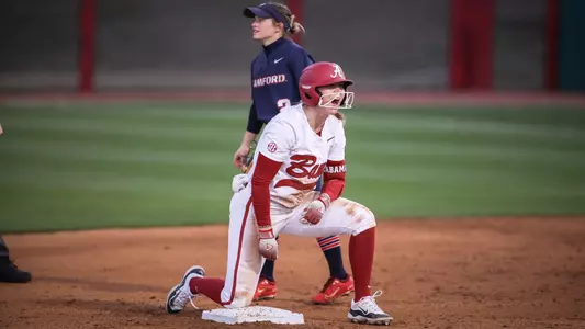 Kendal Clark (15) celebrates at second after an RBI double vs. Samford (March 19, 2024)