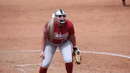 Alabama softball pitcher Kayla Beaver celebrating in the circle.