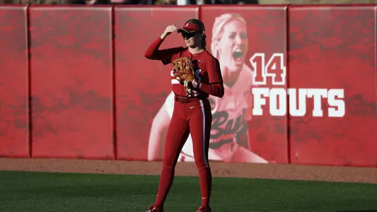 Alabama softball player Larissa Preuitt in the outfield, playing against Arizona.