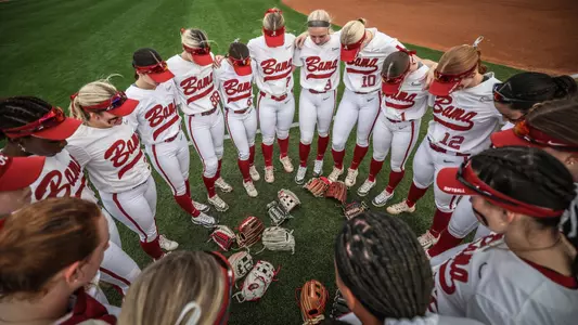 Alabama softball players gather together prior to a game vs. Florida (March 9, 2024)