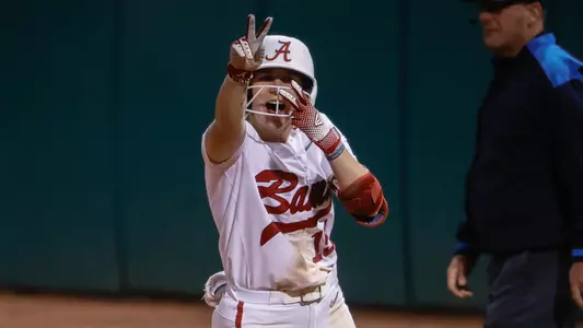 Kendal Clark (15) looking towards the dugout from first base vs. Ole Miss (April 5, 2024)