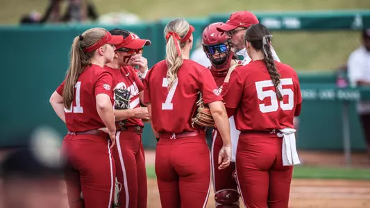 Alabama softball team huddle vs. Texas A&M (April 14, 2024)