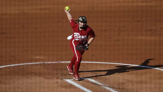 Alabama softball pitcher Jocelyn Briski (23) starts in the circle for the second game against Ole Miss.