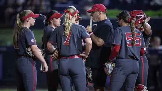 Alabama softball in-game team huddle vs. Auburn (May 2, 2024)