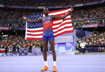 PARIS, FRANCE - AUGUST 10: Silver medalist Shelby McEwen of Team United States celebrates following the Men's High Jump Final on day fifteen of the Olympic Games Paris 2024 at Stade de France on August 10, 2024 in Paris, France. (Photo by Christian Petersen/Getty Images)
