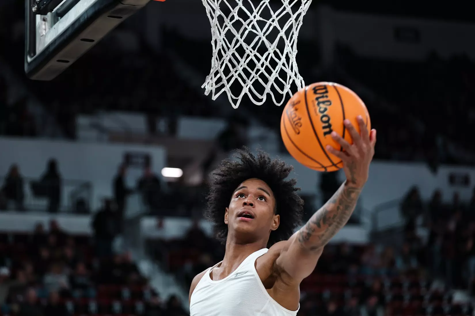 Alabama guard Aden Holloway (2) attempts a layup during pregame against Mississippi State University at Humphrey Coliseum in Starkville, Mississippi on Wednesday, January 29, 2025.