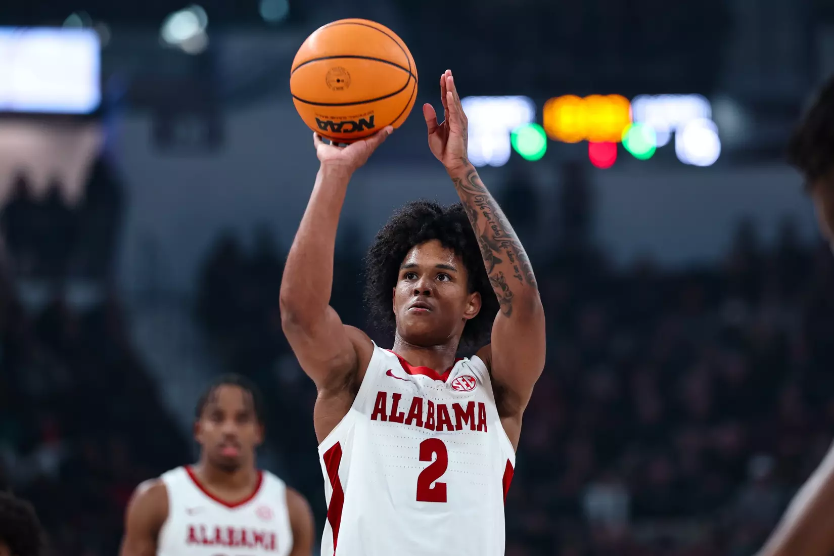 Alabama guard Aden Holloway attempts a free throw against Mississippi State at Humphrey Coliseum in Starkville, Mississippi on Wednesday, January 29, 2025.