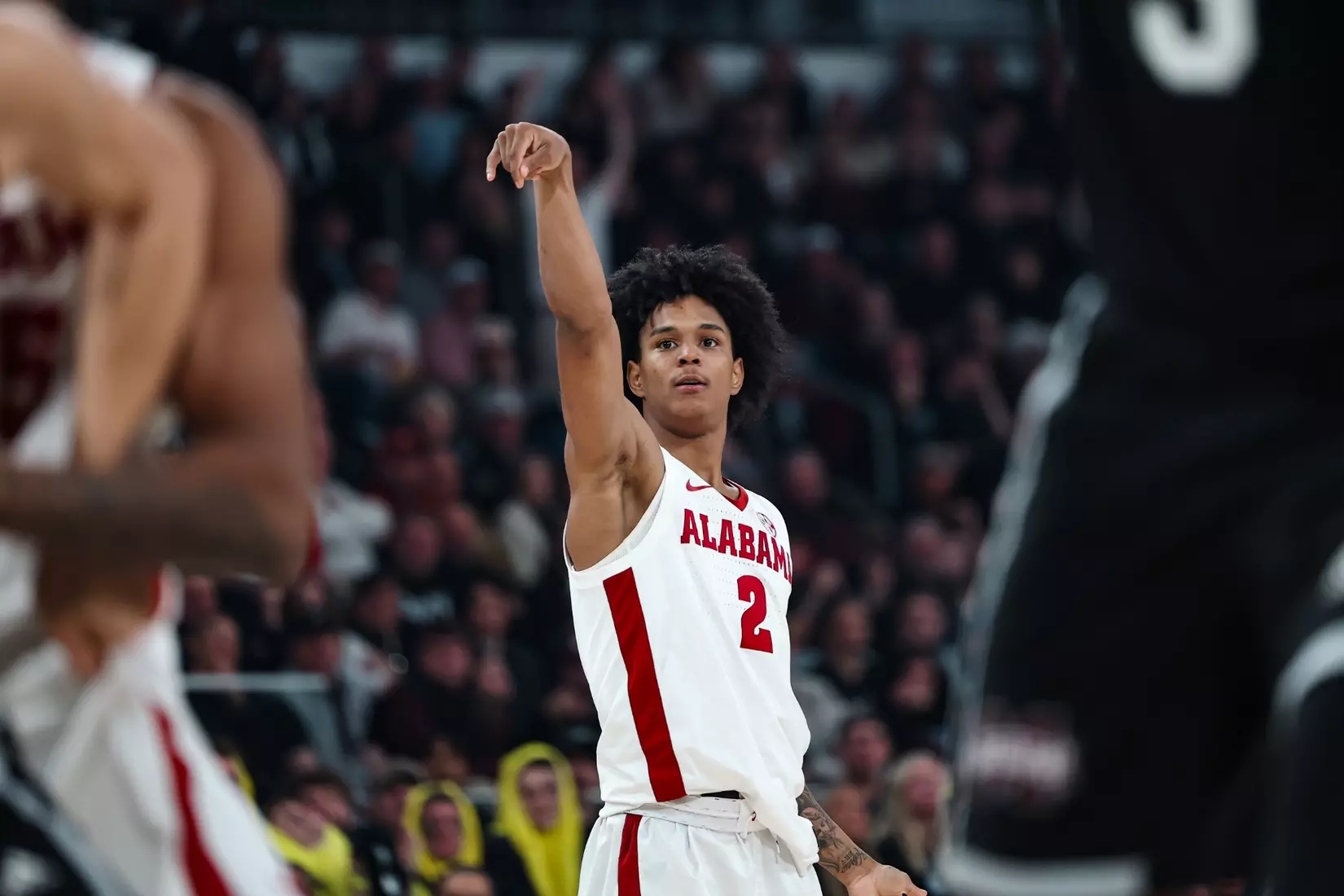 Alabama guard Aden Holloway (2) shoots a three pointer against MSU at Humphrey Coliseum in Starkville, Mississippi on Wednesday, Jan 29, 2025.