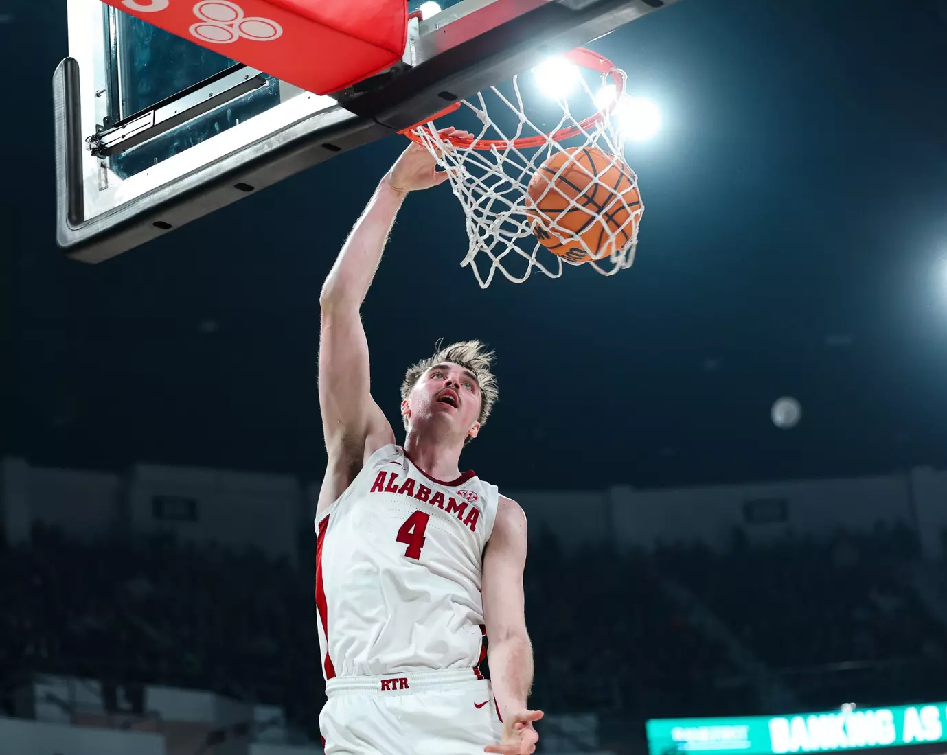 Alabama forward Grant Nelson (4) dunks the ball against MSU at Humphrey Coliseum in Starkville, Mississippi on Wednesday, Jan 29, 2025.