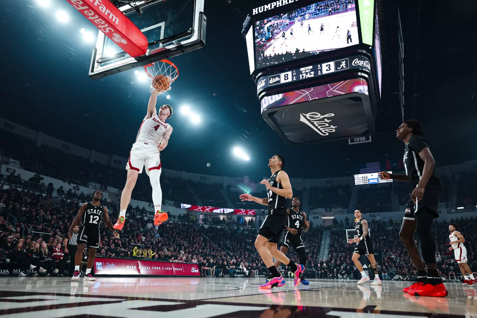 Alabama forward Grant Nelson (4) dunks the ball against MSU at Humphrey Coliseum in Starkville, Mississippi on Wednesday, Jan 29, 2025.