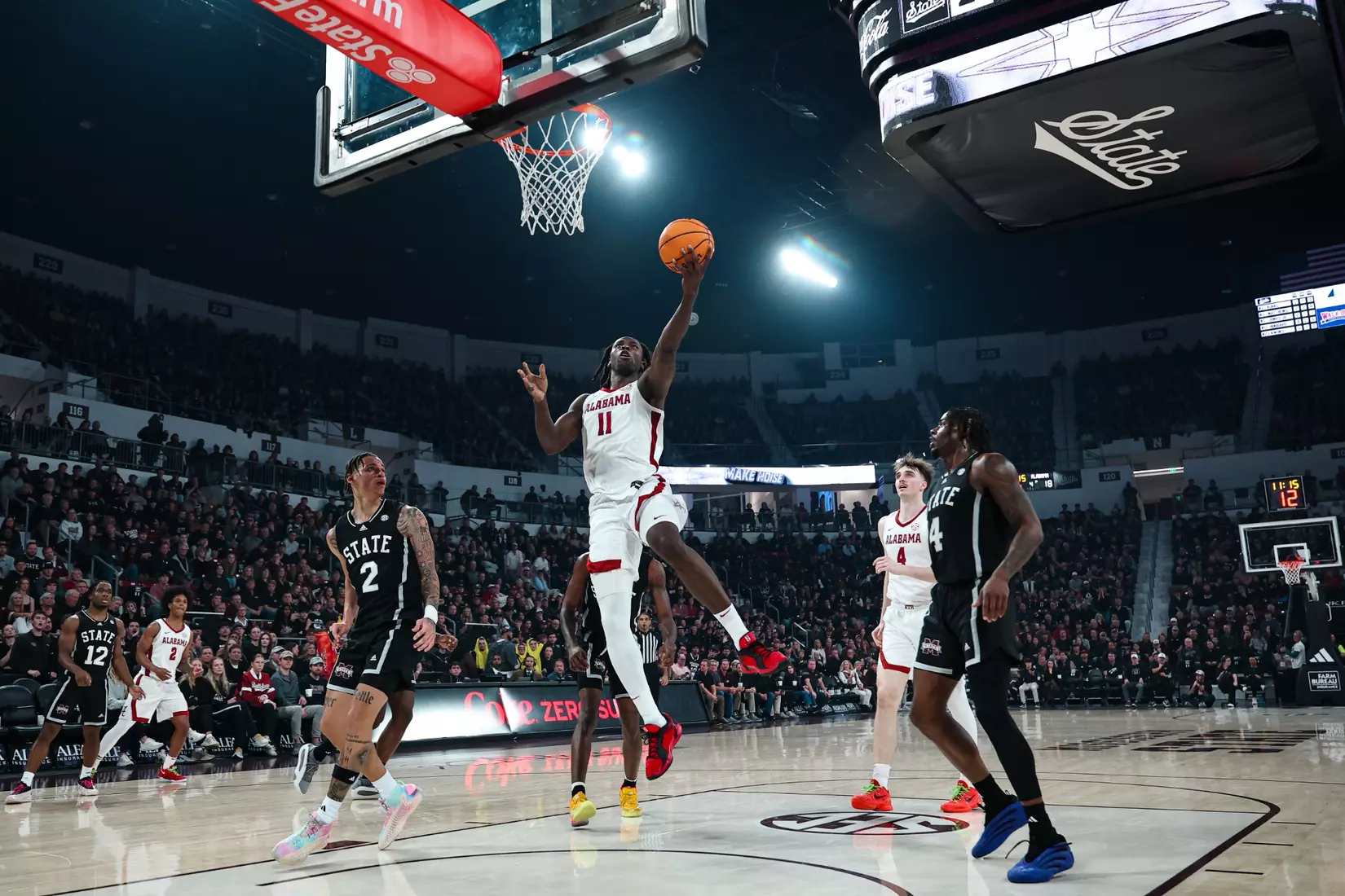 Alabama center Clifford Omoruyi (11) shoots a layup against MSU at Humphrey Coliseum in Starkville, Mississippi on Wednesday, Jan 29, 2025.
