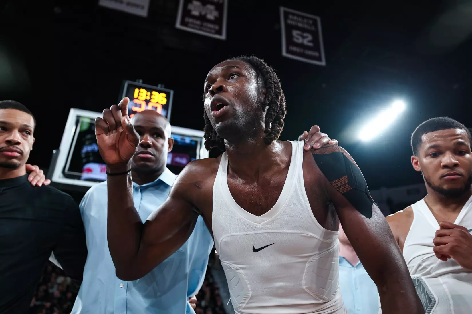 Alabama center Clifford Omoruyi (11) speaks to the team in the huddle against MSU at Humphrey Coliseum in Starkville, Mississippi on Wednesday, Jan 29, 2025.