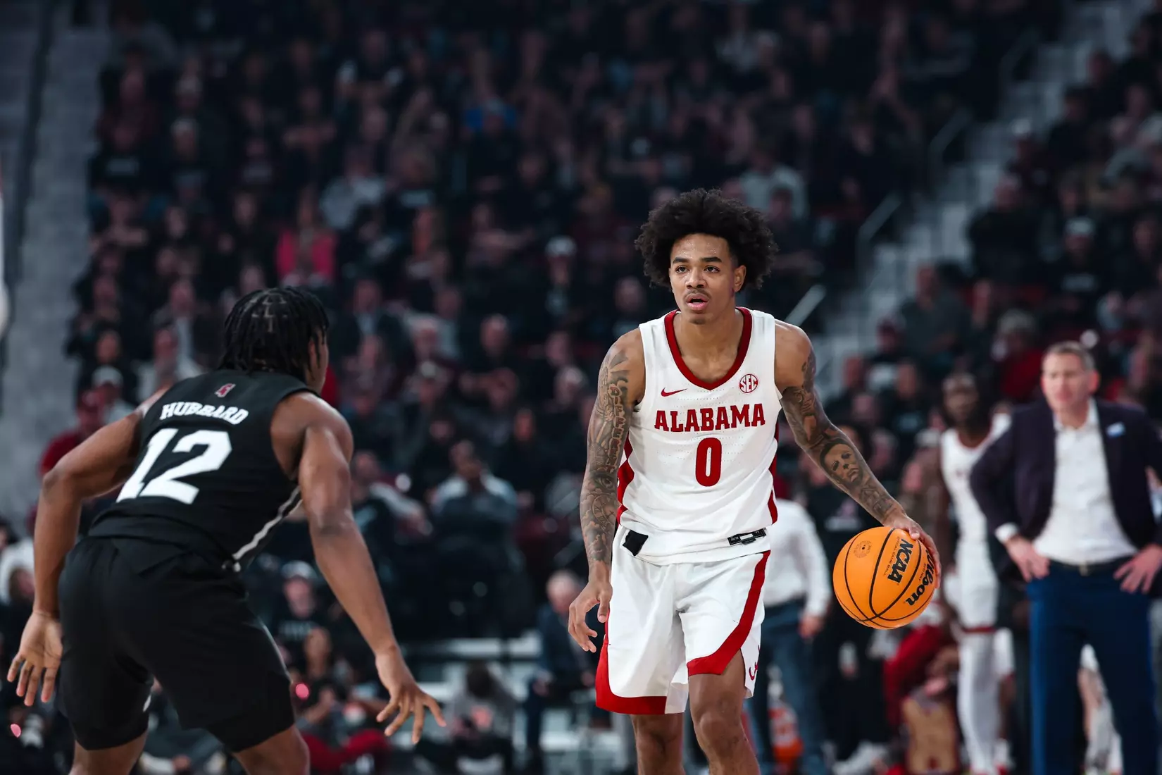 Alabama guard Labaron Philon dribbles the ball at Humphrey Coliseum in Starkville, Mississippi, on Wednesday, January 29, 2025.