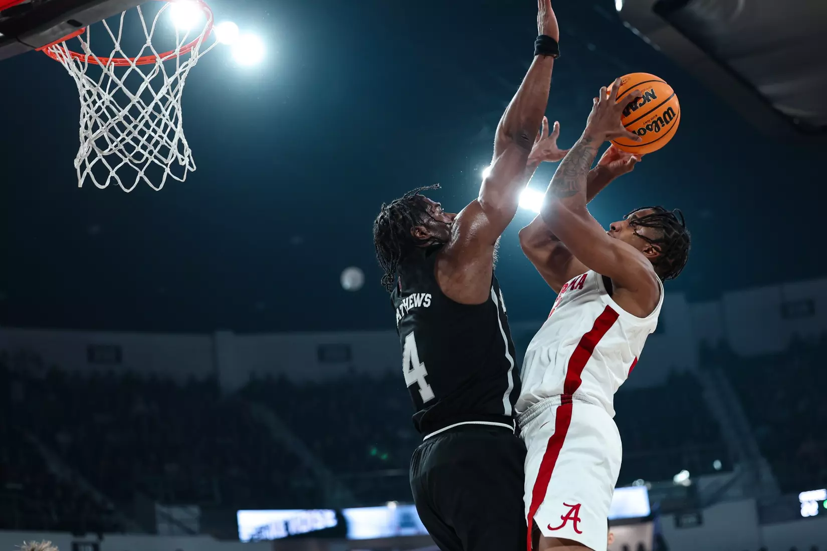 Alabama forward Derrion Reid (35) drives to the rim against MSU at Humphrey Coliseum in Starkville, Mississippi on Wednesday, Jan 29, 2025.