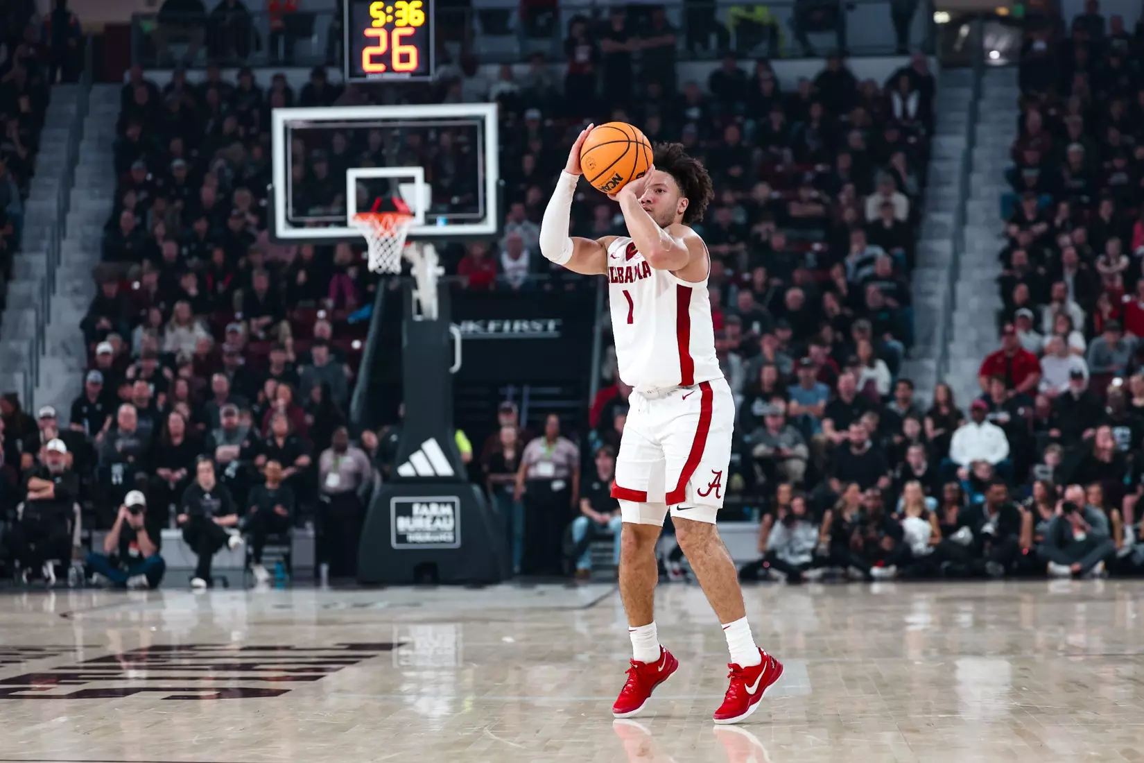Alabama guard Mark Sears (1) shoots a three pointer at Humphrey Coliseum in Starkville, Mississippi on Wednesday, Jan 29, 2025.
