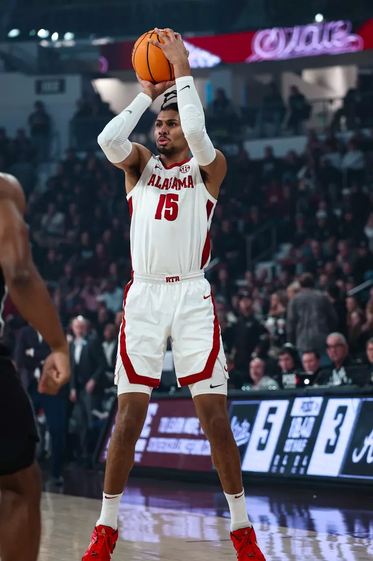 Alabama forward Jarin Stevenson (15) shoots a three pointer at Humphrey Coliseum in Starkville, Mississippi on Wednesday, Jan 29, 2025.