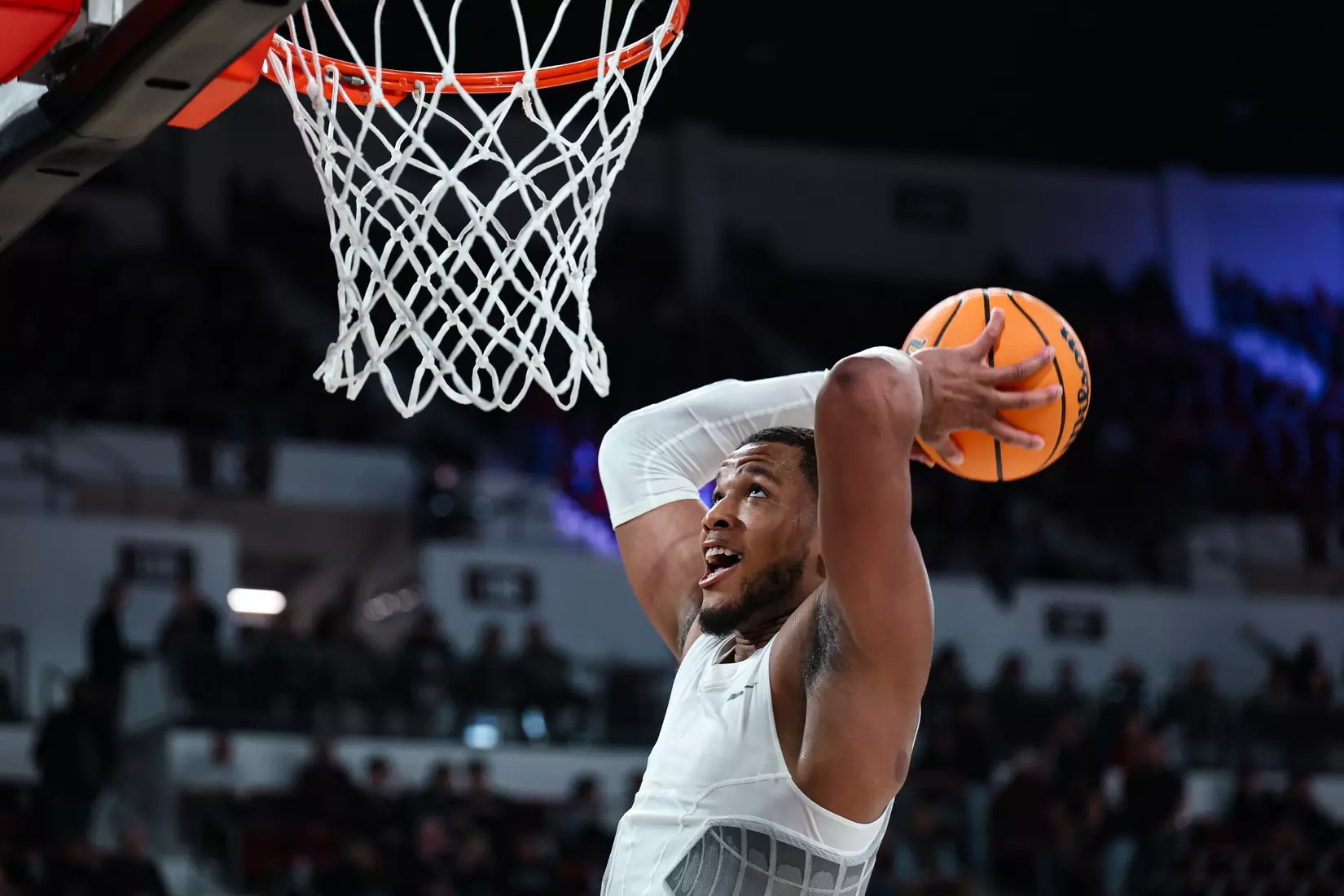 Alabama guard Chris Youngblood (8) executed a dunk against Michigan State University (MSU) at Humphrey Coliseum in Starkville, Mississippi, on Wednesday, January 29, 2025.
