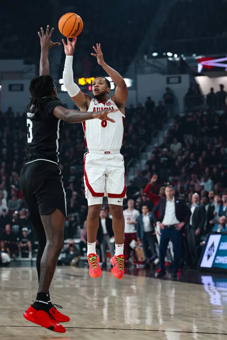 Alabama guard Chris Youngblood (8) shoots a three pointer at Humphrey Coliseum in Starkville, Mississippi on Wednesday, Jan 29, 2025.