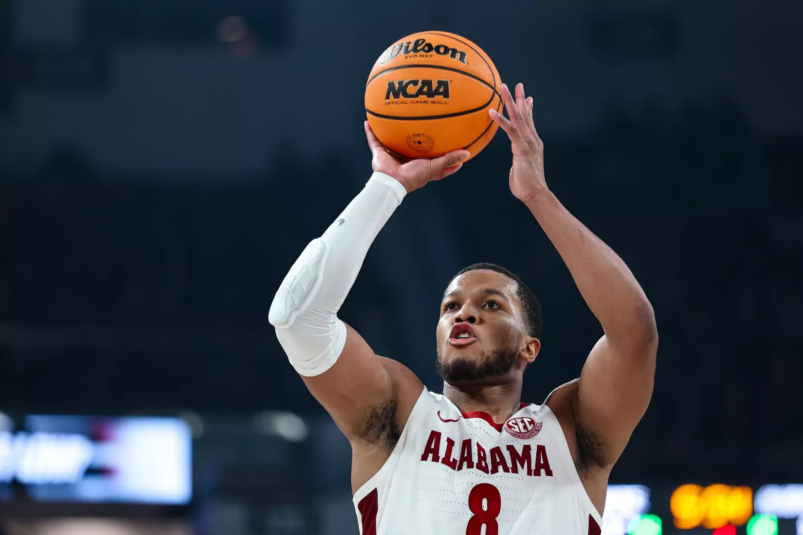 Alabama guard Chris Youngblood (8) shoots a free throw against MSU at Humphrey Coliseum in Starkville, Mississippi on Wednesday, Jan 29, 2025.