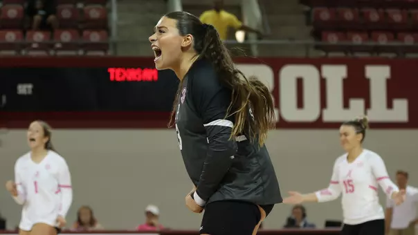 Trinity Stanger (3) yelling after earning a point vs. Texas A&M (Oct. 5, 2025)