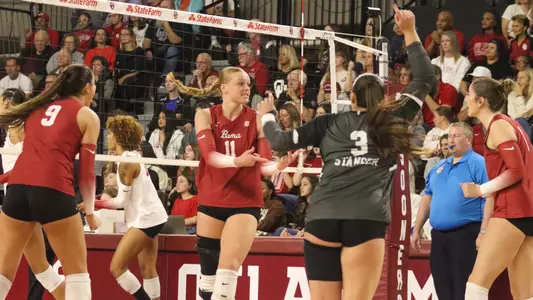 Kaleigh Palmer (11) turns around to celebrate with teammates vs. Oklahoma (Nov. 7, 2025)