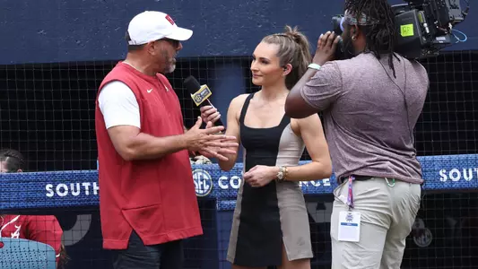 Alabama softball head coach Patrick Murphy talks with SEC Network's Alyssa Lange during the 2024 SEC Tournament vs. LSU (May 8, 2024)
