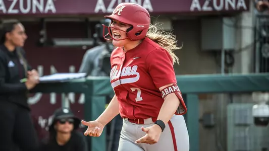Catelyn Riley (7) celebrates as she heads home following a home run at Texas A&M (March 22, 2025)