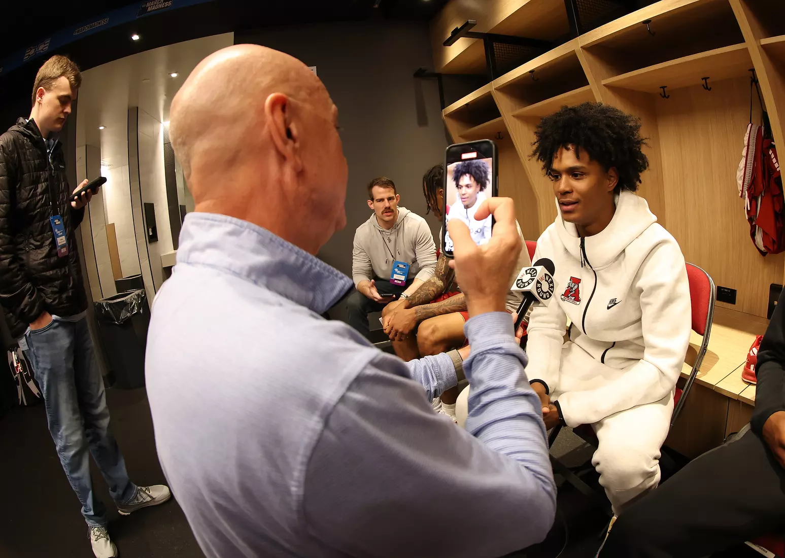 Alabama guard Aden Holloway (2) speaks to the media at Rocket Arena in Cleveland, OH on Saturday, Mar 22, 2025.