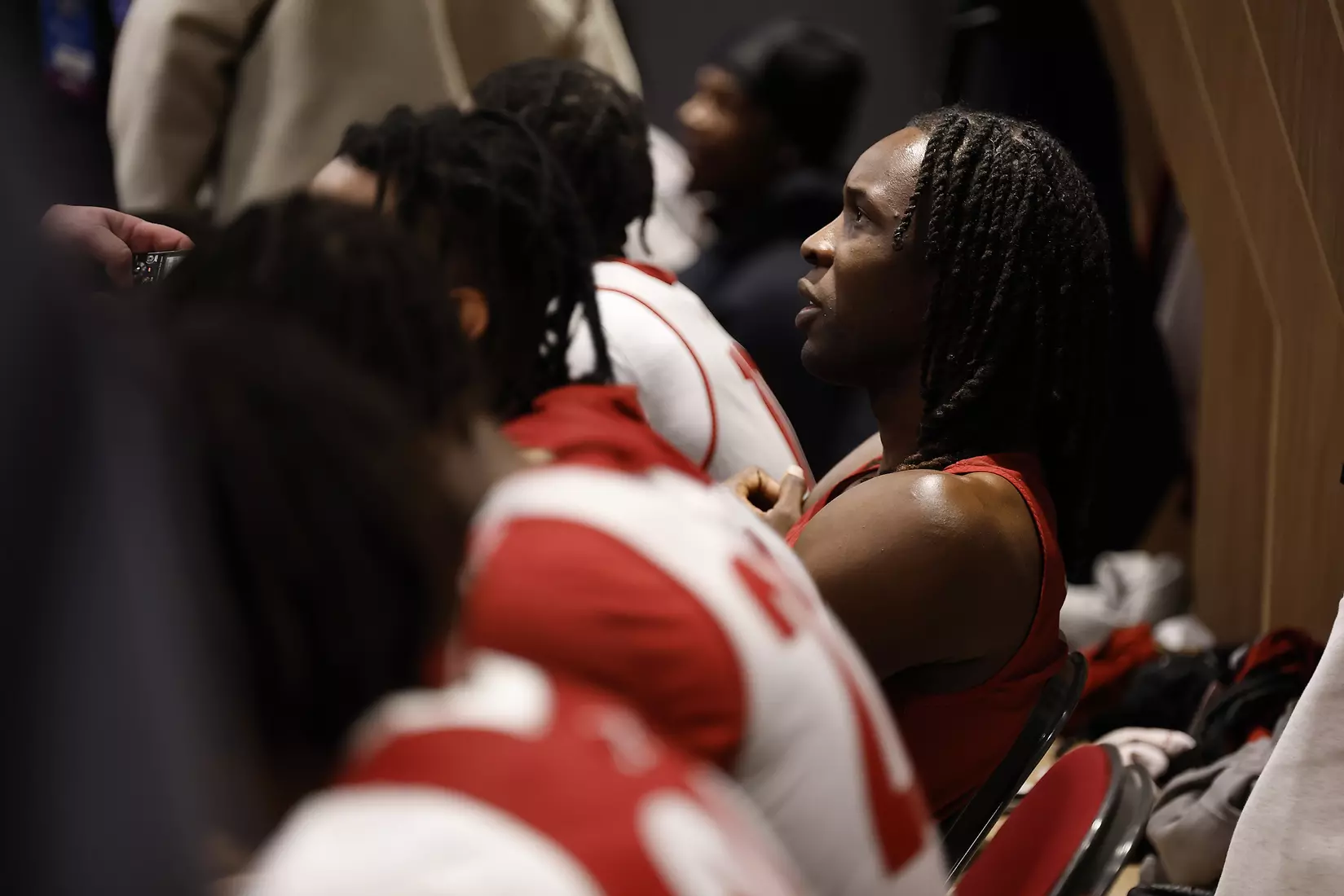 Alabama center Clifford Omoruyi (11) speaks to the media at Rocket Arena in Cleveland, OH on Saturday, Mar 22, 2025.