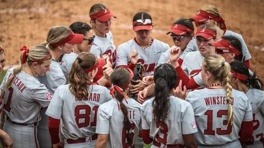 Alabama softball team huddle vs. Texas A&M (March 23, 2025)