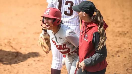 Salen Hawkins (47) celebrates at first base after a two-run single vs. Texas A&M (March 23, 2025)