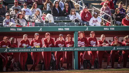 Alabama softball team in the dugout vs. UAB (March 2, 2025)