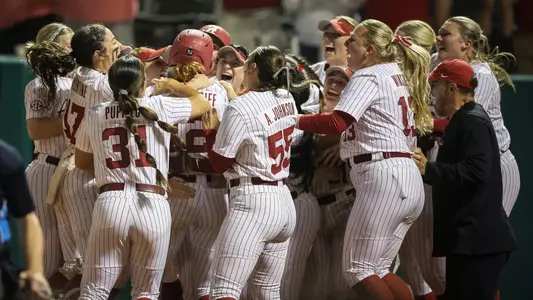 Alabama players celebrate after a walk-off home run vs. Oklahoma (April 14, 2025)