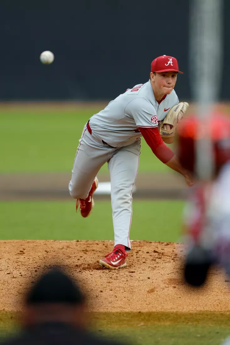 Alabama Baseball Player JT Blackwood (12) pitches the ball against Troy at Riddle-Pace Field in Troy, AL on Tuesday, May 6, 2025.
Photo by Robert Sutton