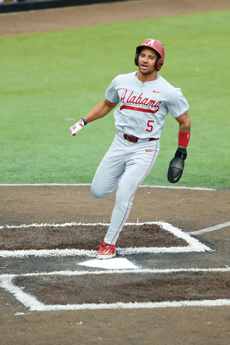 Alabama Baseball Player Richie Bonomolo Jr. (5) scores a run against Troy at Riddle-Pace Field in Troy, AL on Tuesday, May 6, 2025.
Photo by Robert Sutton