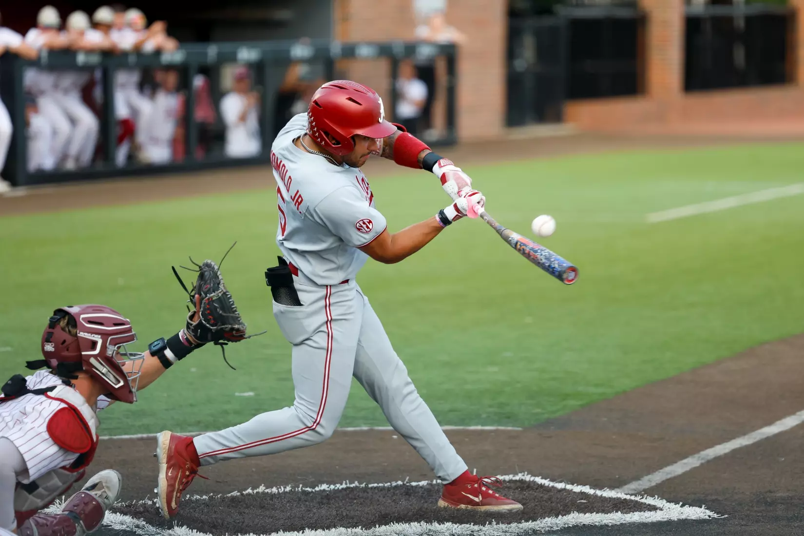 Alabama Baseball Player Richie Bonomolo Jr. (5) takes a swing against Troy at Riddle-Pace Field in Troy, AL on Tuesday, May 6, 2025.
Photo by Robert Sutton