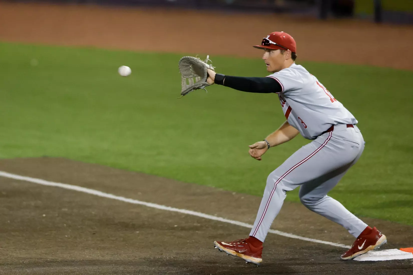 Alabama Baseball Player Will Hodo (18) makes an out at first against Troy at Riddle-Pace Field in Troy, AL on Tuesday, May 6, 2025.
Photo by Robert Sutton