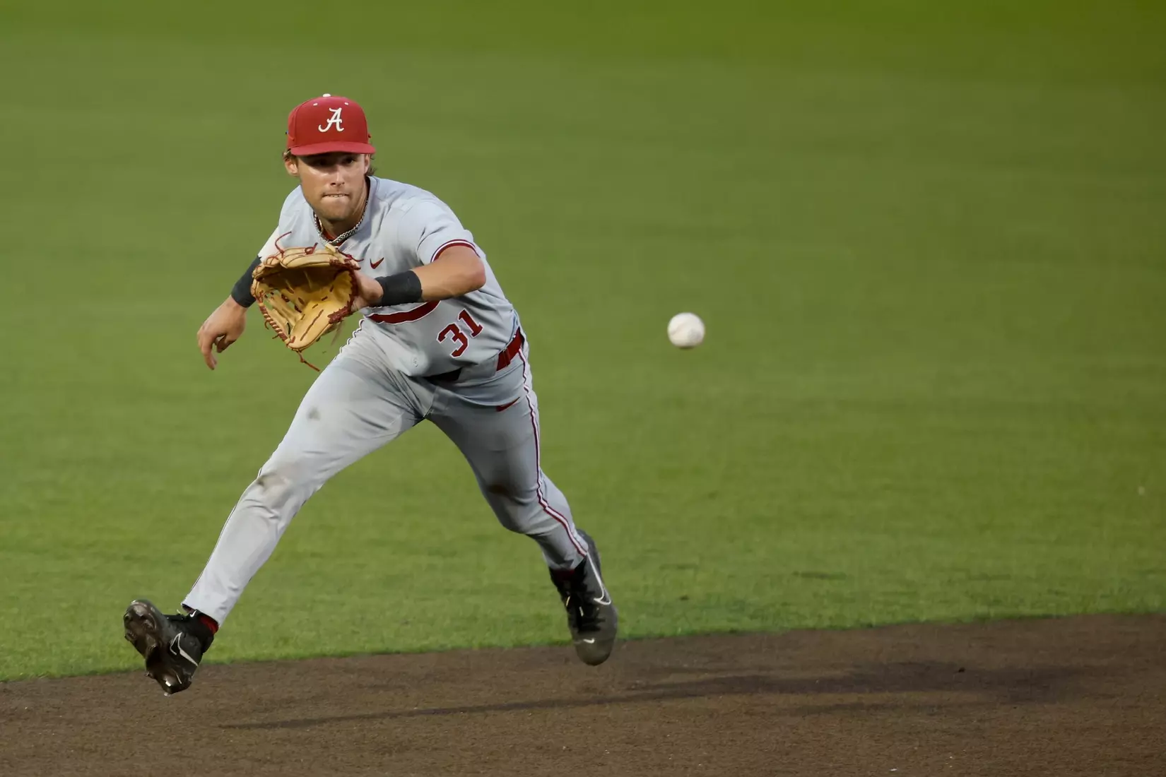 Alabama Baseball Player Jon Young Jr. (31) fields the ball against Troy at Riddle-Pace Field in Troy, AL on Tuesday, May 6, 2025.
Photo by Robert Sutton