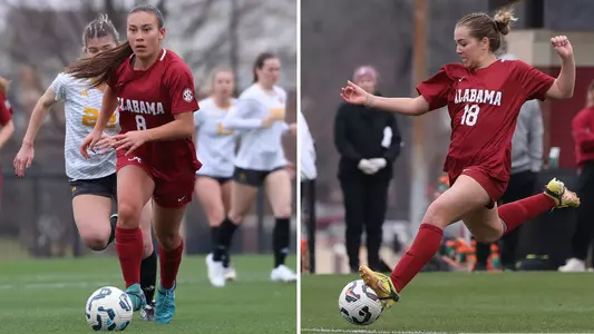 Olivia Belcher and Maddie Padelski dribbling soccer balls