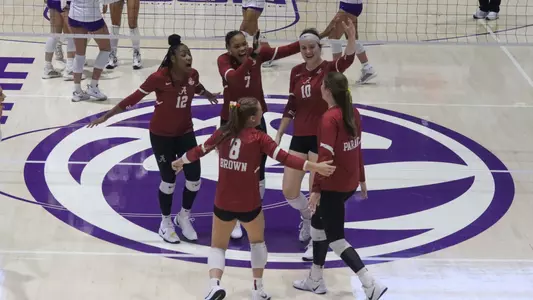 Alabama volleyball players celebrate after scoring a point vs. Western Carolina (Sept. 13, 2025)