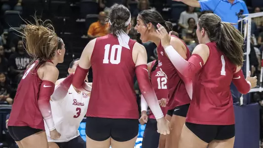 Alabama volleyball players celebrate after a point vs. Chattanooga (Sept. 5, 2025)