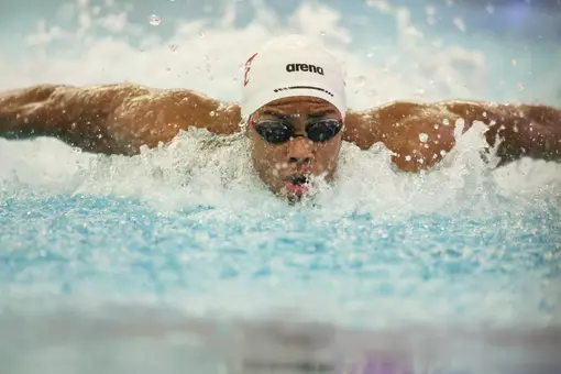 Alabama Swimmer Zarek Wilson (Sprinter) swims butterfly against Georgia Tech at Alabama Aquatic Center and Don Gambril Olympic Pool in Tuscaloosa, AL on Saturday, Jan 10, 2026.