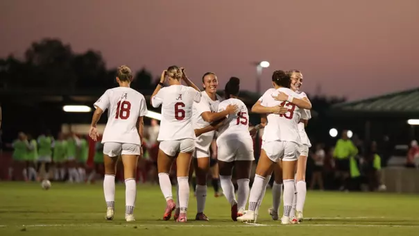 Alabama soccer players celebrate after a goal from Melina Rebimbas (13) vs. Georgia (Oct. 15, 2026)