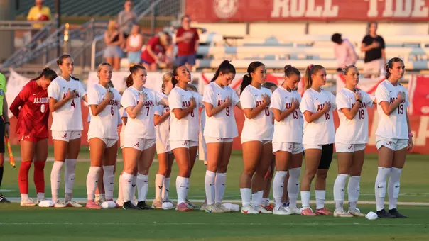 Alabama soccer players stand at midfield for the national anthem pregame vs. Georgia (Oct. 15, 2026)