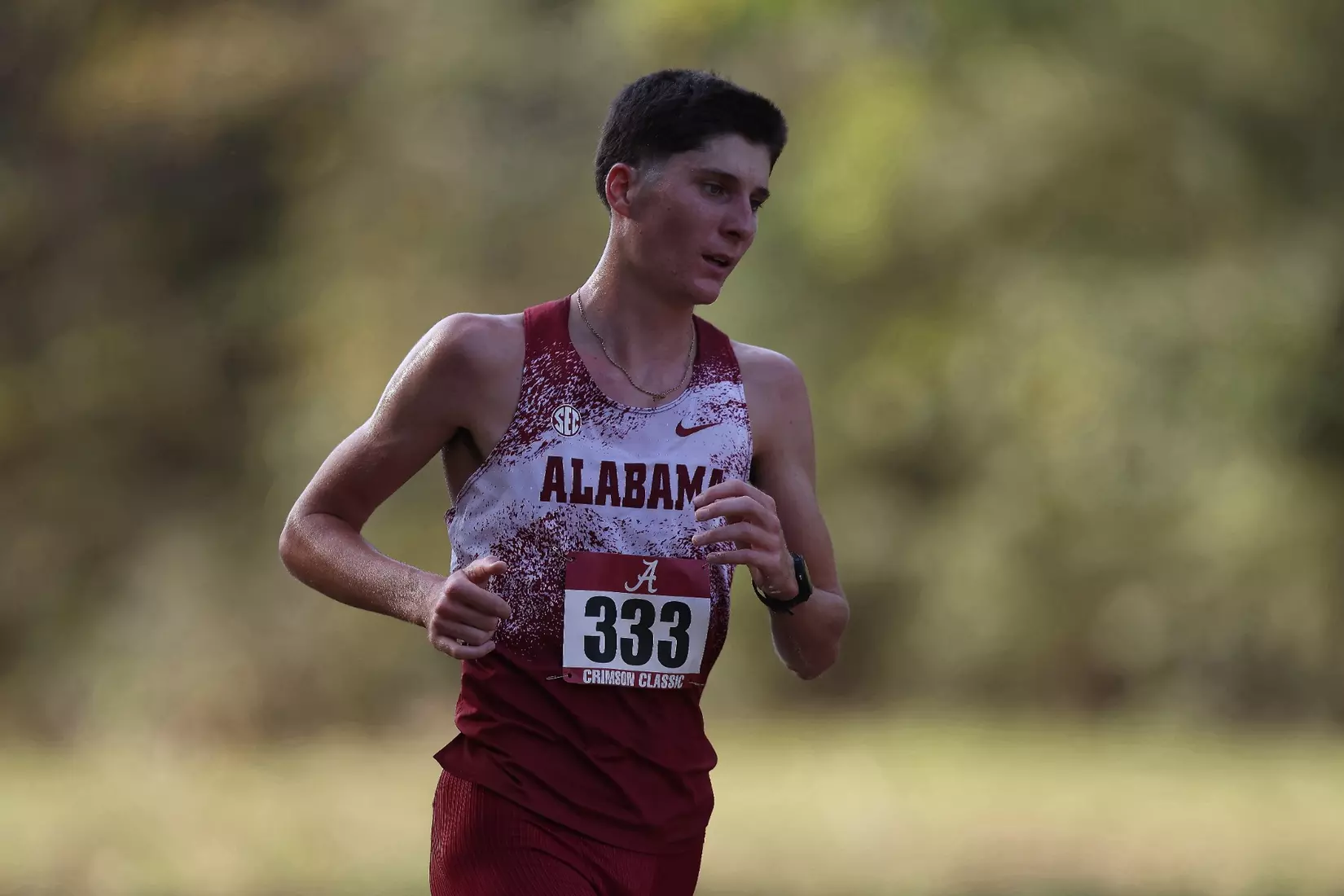 Alabama Track Athlete Jackson Hogsed (Cross Country/Distance) in action during the Crimson Classic at Harry Pritchett Running Park in Tuscaloosa, AL on Friday, Oct 16, 2026.