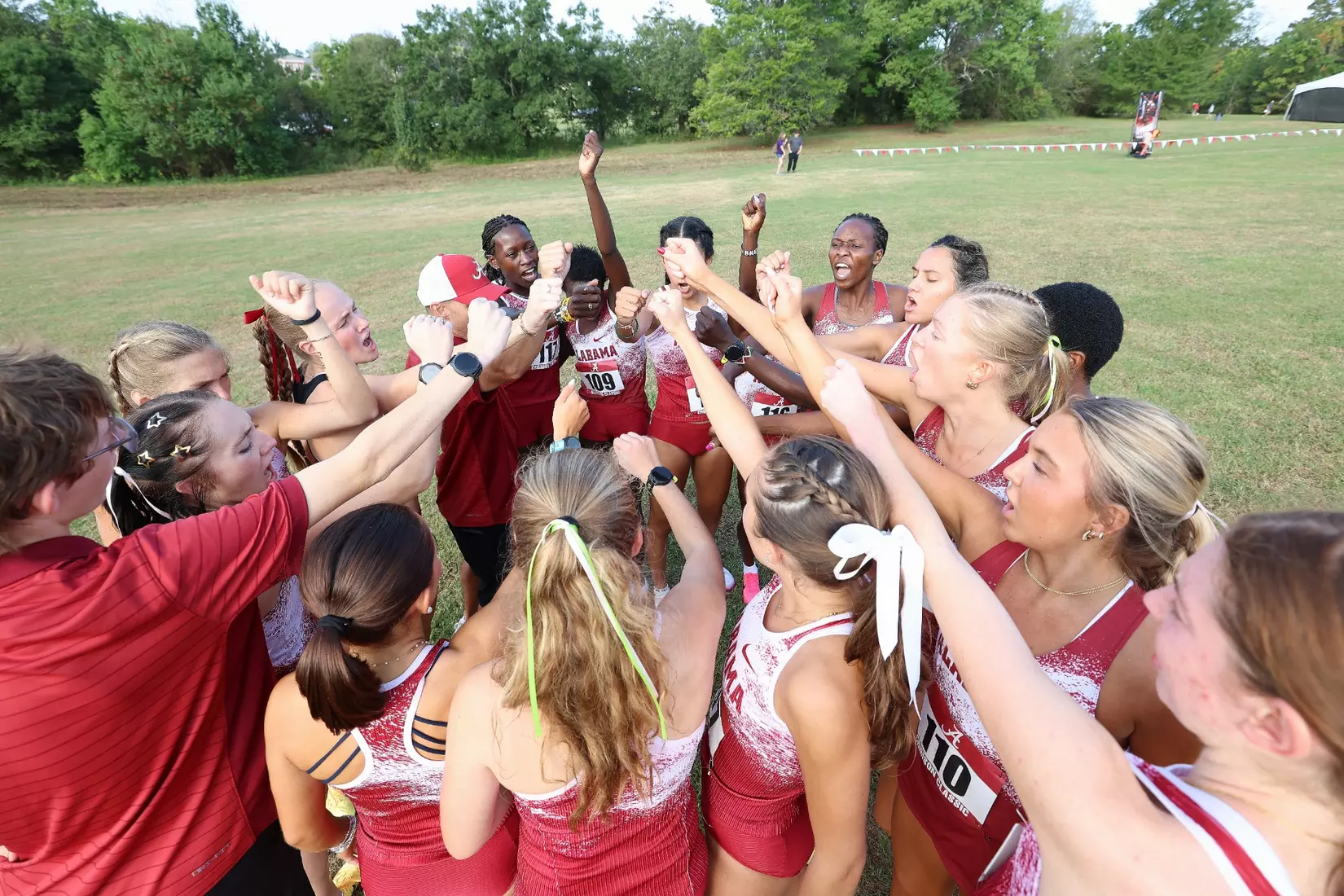 The University of Alabama Women's Track and Field Team huddles before the Crimson Classic at Harry Pritchett Running Park in Tuscaloosa, AL on Friday, Oct 16, 2026.