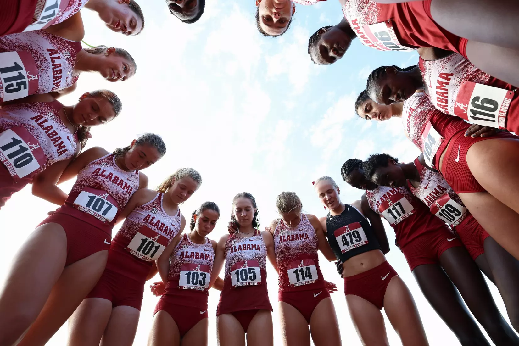 The University of Alabama Women's Track and Field Team huddles before the Crimson Classic at Harry Pritchett Running Park in Tuscaloosa, AL on Friday, Oct 16, 2026.