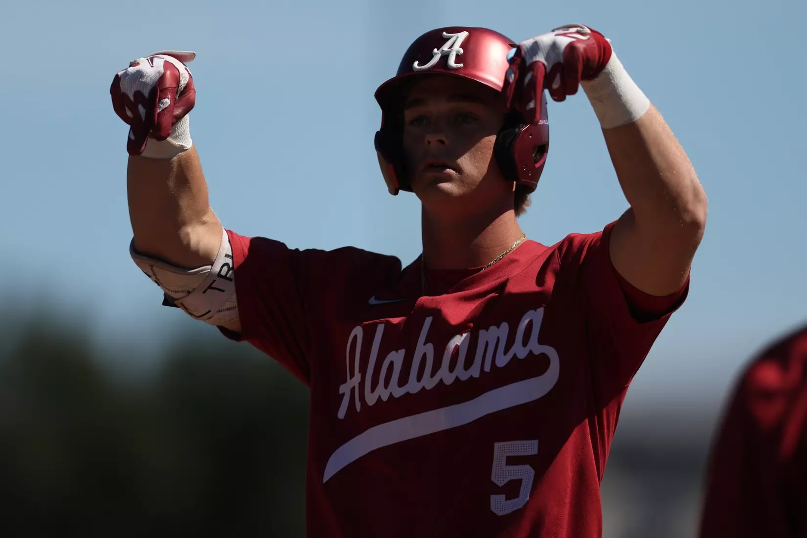 Alabama Baseball Player Sam Christiansen (5) in action against Georgia Tech at Blue Wahoos Stadium in Pensacola, FL on Saturday, Oct 17, 2026.
