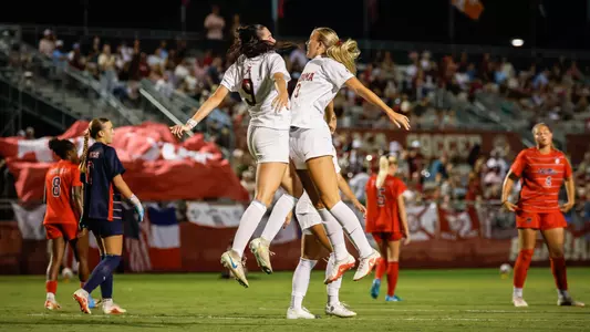 Ashley Roni (7) and Avery Brown (3) chest bump after a goal by Roni vs. Ole Miss (Oct. 2, 2026)