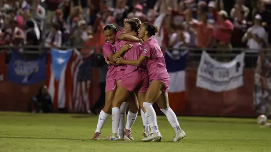 Ashley Roni (9) and her teammates celebrate her game winning goal vs. Tennessee (Oct. 23, 2026)